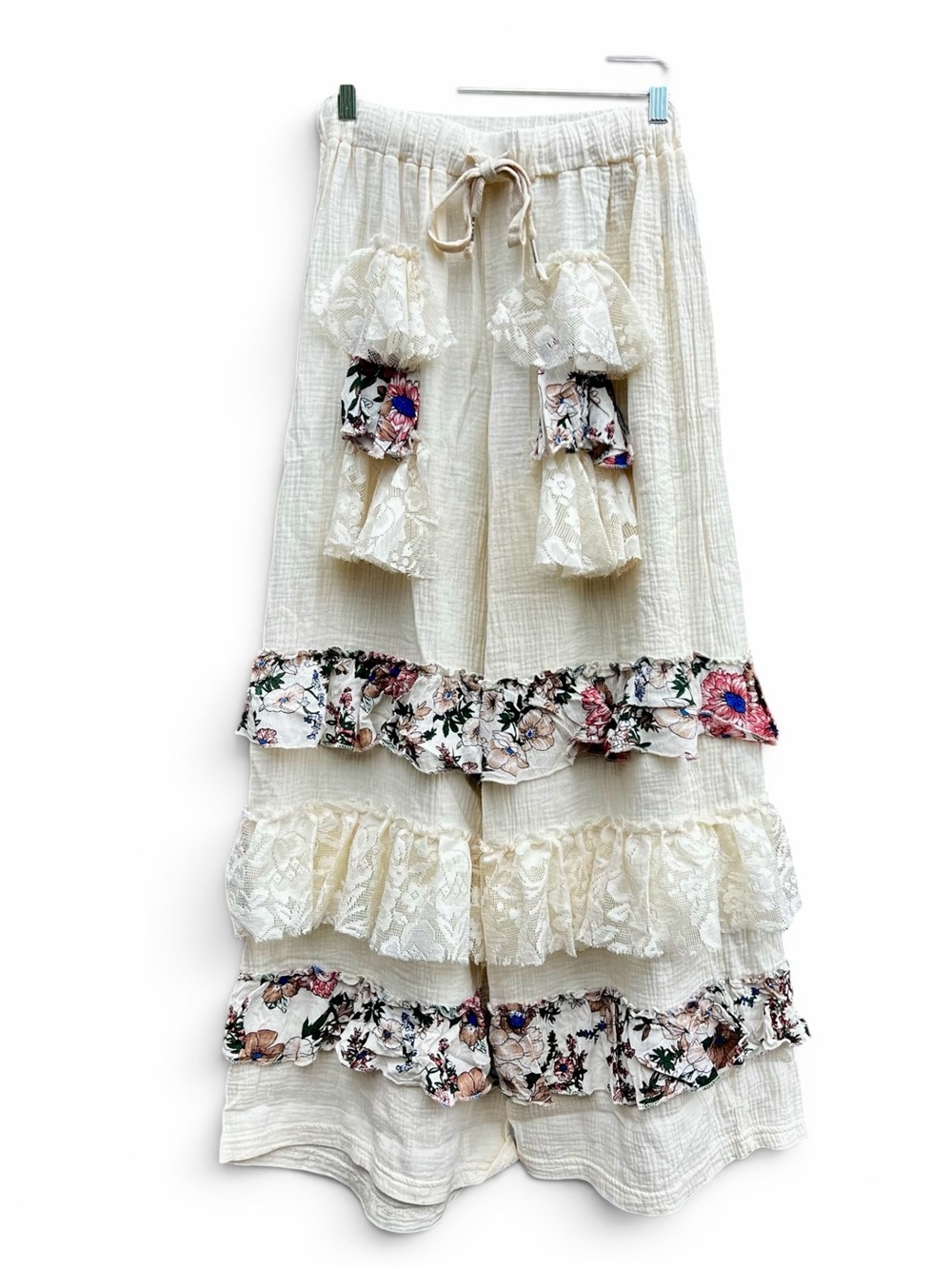 POL Cream Tiered Ruffle Boho Wide Leg Flowy Pant NWOT